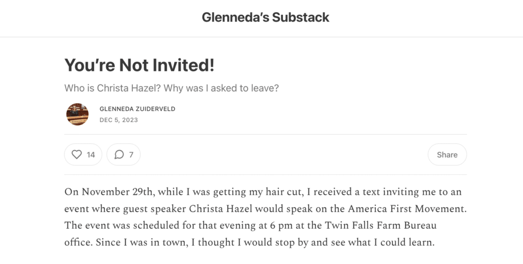 Idaho Senator Glenneda Zuiderverld post with information about Christa Hazel